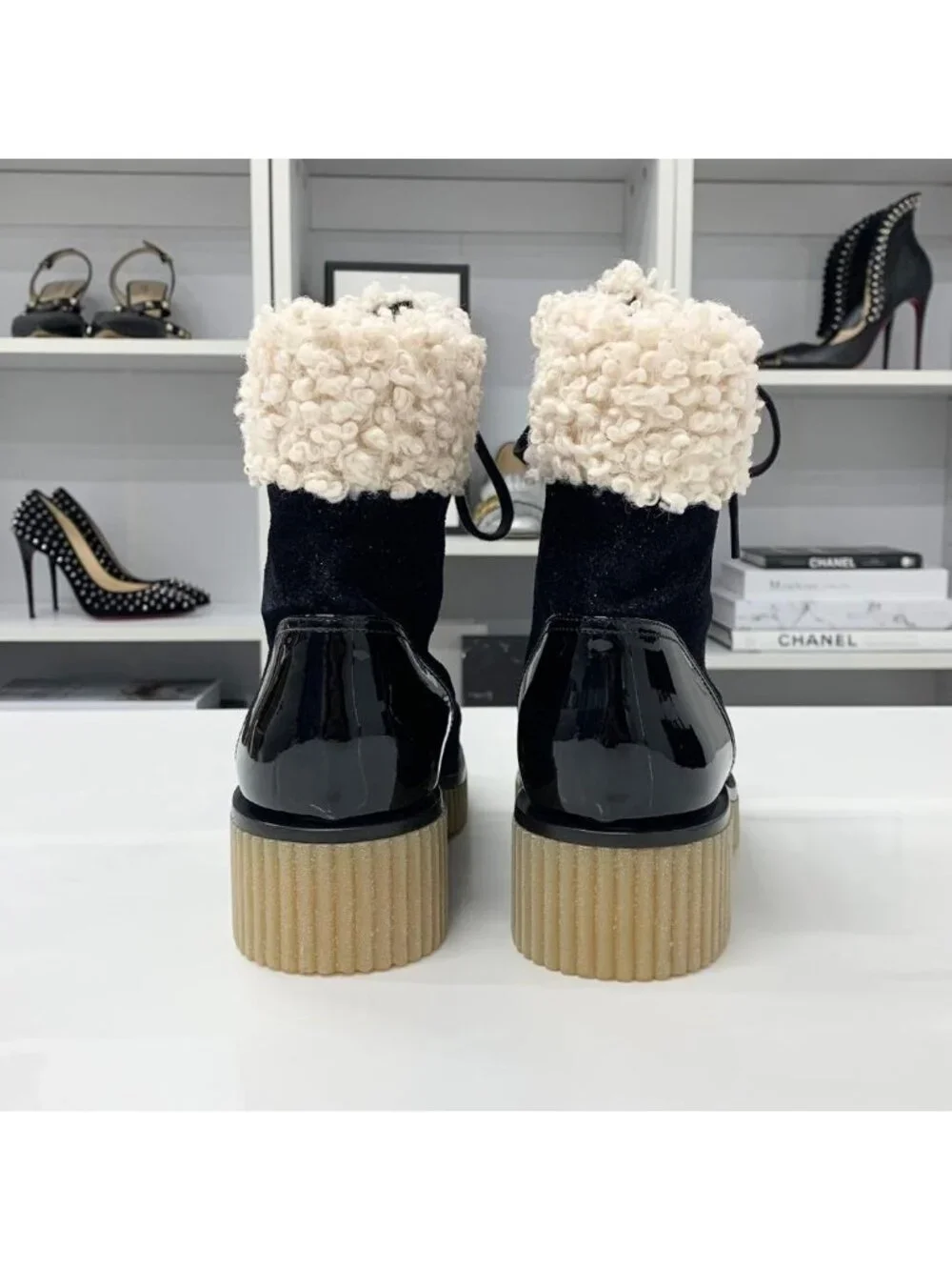 Chanel CC Logo Fabric Patent Fleece Short Boots